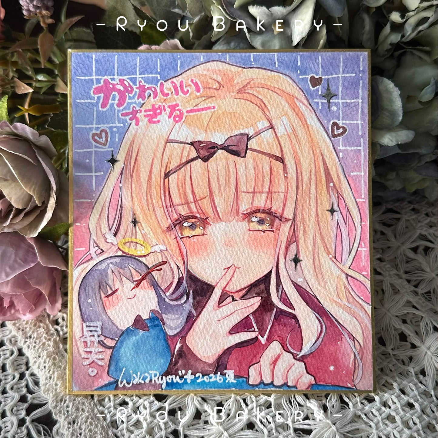 Hand Drawn Shikishi : Rima [Uniform with Chibi Nagi] | Watercolour